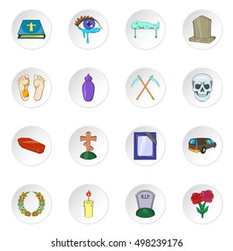 Funeral icons set. Cartoon illustration of 16 funeral vector icons for web