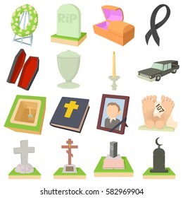 Funeral icons set. Cartoon illustration of 16 funeral vector icons for web