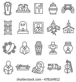 funeral icons set. funeral ceremony and paraphernalia collection. Thin line design