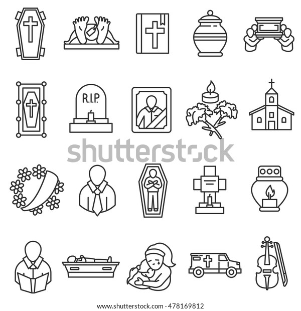 funeral icons set. funeral ceremony and\
paraphernalia collection. Thin line\
design