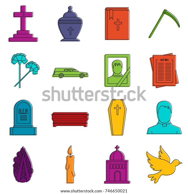 Funeral icons set. Doodle\
illustration of vector icons isolated on white background for any\
web design