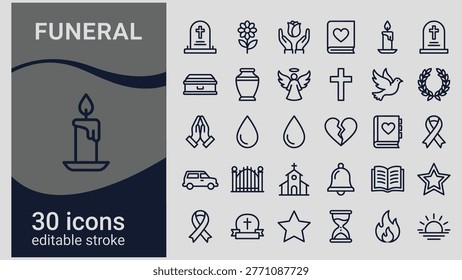 Funeral icons set with editable stroke including candle cross flower and other symbols related to mourning and loss funeral