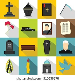 Ícones funerários definidos. Ilustração plana de 16 ícones vetoriais funerários para web