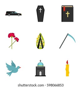 Funeral icons set. Flat illustration of 9 funeral vector icons for web