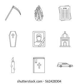 Funeral icons set. Outline illustration of 9 funeral vector icons for web