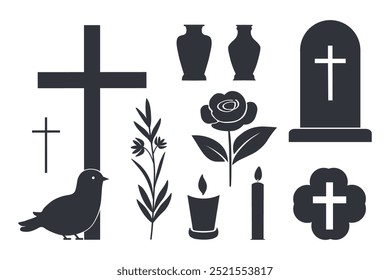 Bestattungssymbole. Silhouette Illustration mit Kreuz, Taube, Blume, Vogel, Urne für Asche und Einäscherung, Kerzen, Grabstein, Denkmal. Gestaltungselemente für Morgenwünsche, Beileid