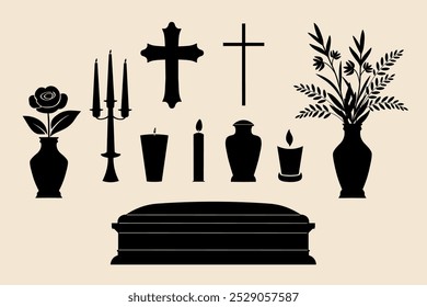 Iconos funerarios. Ilustración de silueta con cruz, ataúd, candelabro, ramo en un jarrón, flor, urna para cenizas, cremación, velas. Elementos de diseño de Vector para los deseos de la mañana, condolencias, invitación