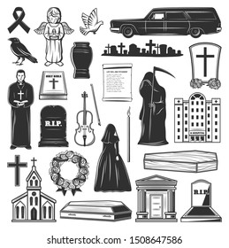 Funeral icons and symbols of grave tombstone, death and coffin at cemetery. Vector church, funeral hearse car and widow in black, cremation urn and columbarium mortuary flowers, priest with bible