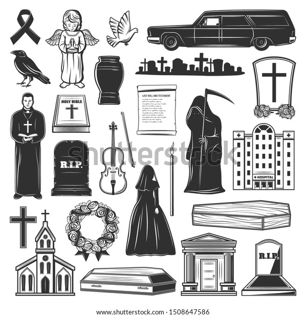 Funeral icons and symbols of grave tombstone, death\
and coffin at cemetery. Vector church, funeral hearse car and widow\
in black, cremation urn and columbarium mortuary flowers, priest\
with bible