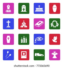 Funeral Icons. White Flat Design In Square. Vector Illustration. 