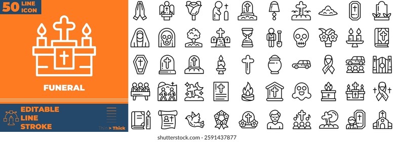 Funeral Line Editable Icons set. Vector illustration in modern thin line style of funeral icons: graveyard, coffin, cremation, etc