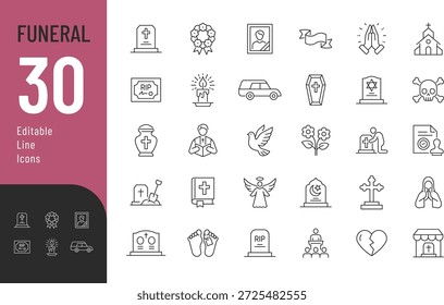 Conjunto de iconos editables de la línea funeraria. Ilustración vectorial en estilo delgado moderno de íconos relacionados con la muerte: tipos de lápidas, certificados de defunción, rituales funerarios y más. Aislado sobre fondo transparente.
