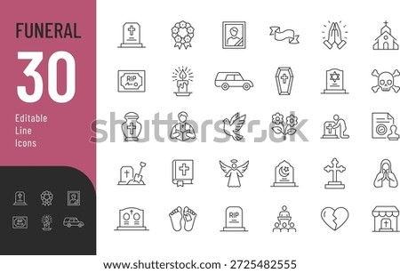 Funeral Line Editable Icons set. Vector illustration in modern thin style of death related icons: types of tombstones, death certificates, funeral rituals, and more. Isolated on transparent background.