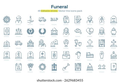 Funeral line icon pack. Funeral Stroke icon set. Editable Stroke icon