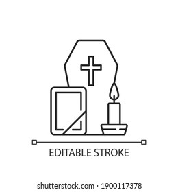 Funeral linear icon. Coffin for dead relative. Religious ritual. Sadness and grief from death. Thin line customizable illustration. Contour symbol. Vector isolated outline drawing. Editable stroke