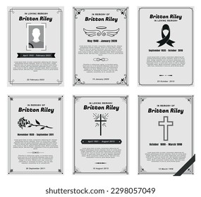 Funeral memorial and invitation card monochrome black and white design template set vector illustration. Commemoration dead letter border ribbon place for photo rose cross angel wings remembrance text