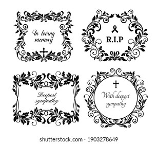 Funeral memory and condolences cards for obituary and death grief black banner, vector floral wreath. Funeral black flowers, In loving memory and RIP ribbon with cross and floral memorial wreath