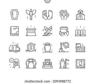 Funeral. Mourn dead. Bible and church. Graveyard, remembrance, spiritual death. Memorial table. Pixel Perfect Vector Thin Line Icons. Simple Minimal Pictogram