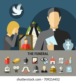 Funeral and mourning composition with wreath tomb and priest flat vector illustration