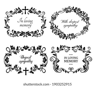 Funeral mourning frames with roses and lily flowers engraved arrangements. Funerary memorial plates borders with floral black ornaments and cross vector. Funeral borders with memorial condolences