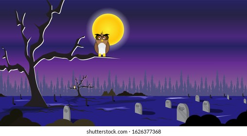 Funeral at night accompanied by an owl perched on a dry tree branch. Creepy, dark and lonely