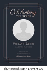 Funeral Obituary Template. Celebreting A Life. Memorial Invitation Card With Place For Photo