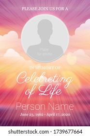 Funeral obituary template with sunbeams and sunset sky. Memorial invitation card with place for photo