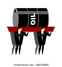 Funeral oil. Barrel carried in coffin. Businessmen buried petroleum. Red wooden casket. Procession to cemetery. Grief illustration.