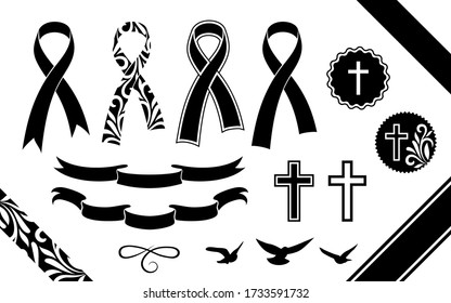 Funeral ornamental decorations. Vector memorial design elements. Border, divider, ribbon, frame and corner.