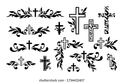 Funeral Ornamental Decorations. Vector Memorial Design Elements. Border, Divider, Ribbon, Frame And Corner.