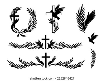 Funeral ornamental decorations. Vector memorial design elements. Borders and dividers with cross, dove, ribbons and palm leaves.