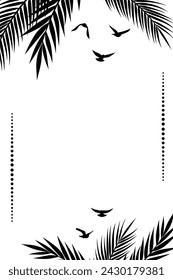 Funeral ornamental frame with palm leaves and flying dove. Vector decoration for memorial design