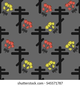 Funeral pattern with rood and tulips on a gray background. Mourning. 