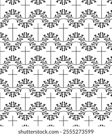 Funeral pattern. seamless pattern with church cross. Black and white background