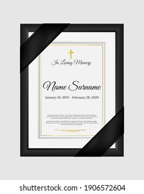 Funeral photo frame with black ribbon in corner, name, birth and death dates. Funeral mourning border and font in loving memory on black background. Vector illustration