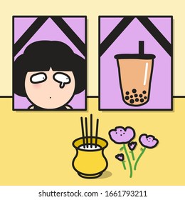 Funeral Portrait Of Crying Girl And A Cup Of Bubble Milk Tea. Funeral Held For Woman And Sugary Drinks. Ending Unhealthy Relationship With Sweetened Beverages Concept Card Character illustration