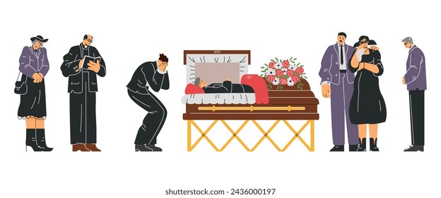 Funeral process, dead man in open coffin flat style, vector illustration isolated on white background. Decorative design element, crying relatives or friends, sadness