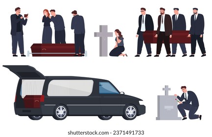 Funeral procession. Burial of relatives and friends. Saints lead a procession to bury a person in a grave. Vector illustration