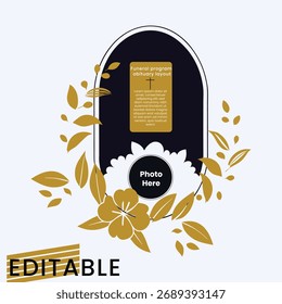 Funeral program obituary layout with photo placeholder and floral design template