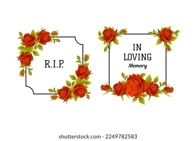 Funeral Red Rose Frame with Quote and Inscription Vector Set