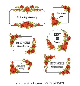 Funeral Red Rose Frame with Text Quote and Inscription Vector Set