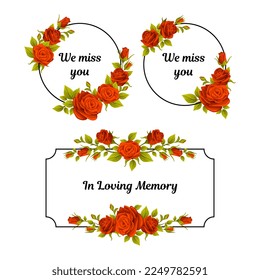 Funeral Red Rose Frame with We Miss You Quote and Inscription Vector Set