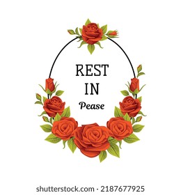 Funeral Red Rose Oval Frame with Rest in Peace Quote and Inscription Vector Illustration