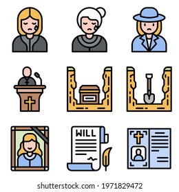 Funeral related filled icon set , vector illustration