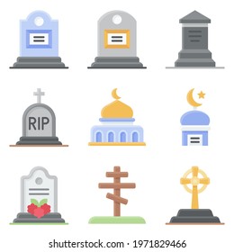 Funeral related flat icon set, vector illustration