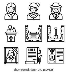 Funeral related line icon set , vector illustration