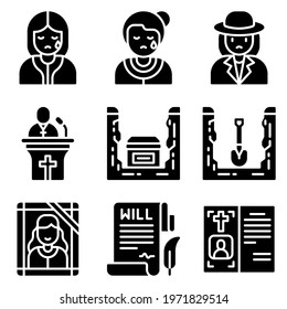 Funeral related solid icon set, vector illustration