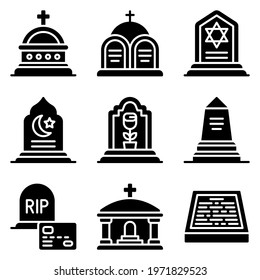 Funeral related solid icon set , vector illustration