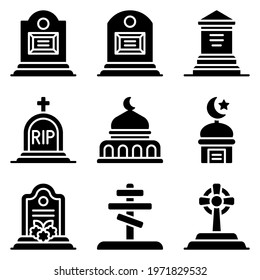 Funeral related solid icon set, vector illustration