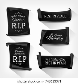 Funeral Rest In Peace Banners/
Illustration of a set of elegant design black funeral banners and ribbons for burial